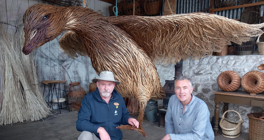 Paul Stewart WWT Castle Espie and willow sculpture specialist Bob Johnston at Ulster Folk Museum